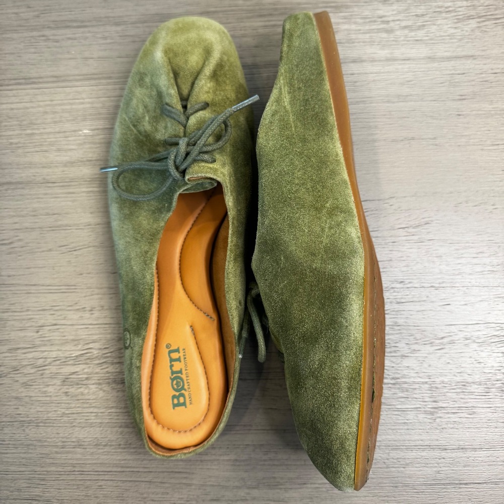 Born Aris Women 10  M Olive Green Suede Lace Up Mules Flat Slides Boho Casual